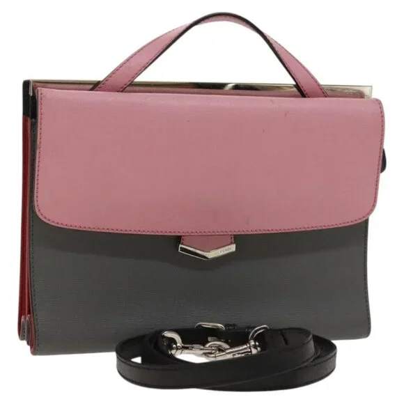 FENDI Hand Bag Leather 2way Gray Silver Auth